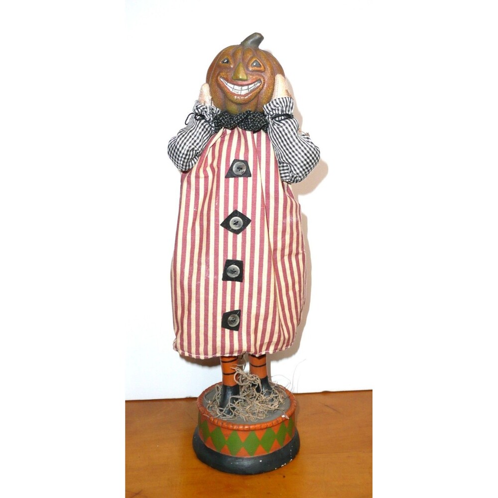 Halloween Pumpkin Head Privative Folk Art Figure in Fabric Dress CJF Design 16"